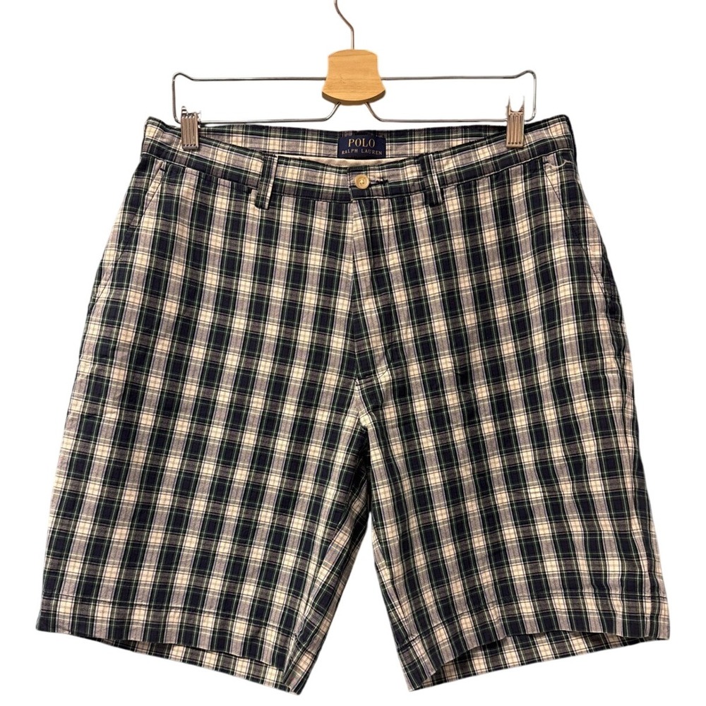 Polo Ralph Lauren Plaid Shorts‎ Mens Size 34 Flat Front Green Blue White